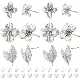 BENECREAT 12PCS 3 Styles Brass Studs, Platinum Flower and Leaf Studs, Brass Studs with Loops and 30PCS Plastic Studs for DIY Earring Crafting Supplies, Pin: 0.5-0.8mm