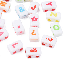 Opaque White Acrylic Connector Charms, Trapezoid with Letter & Sign, Mixed Color, 8x5x4mm, Hole: 1.6mm, about 3600pcs/500g