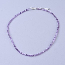 Honeyhandy Natural Amethyst Beaded Necklaces, with Brass Lobster Claw Clasps, Faceted Round Beads, 16.5 inch~16.7 inch(42~42.5cm)x2mm