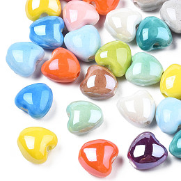 Honeyhandy Pearlized Handmade Porcelain Beads, Heart, Mixed Color, 10x10x7mm, Hole: 1.8mm