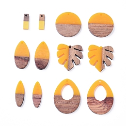 Honeyhandy Resin & Walnut Wood Pendants, Two Tone, for DIY Jewelry Making, Horse Eye/Flat Round/teardrop,/Rectangle/Leaf, Gold, Hole: 1.5mm, 1.8mm and 2mm, 12pcs/set