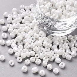 Honeyhandy Glass Seed Beads, Opaque Colors Lustered, Round, White, 4mm, Hole: 1.5mm, about 4500pcs/pound