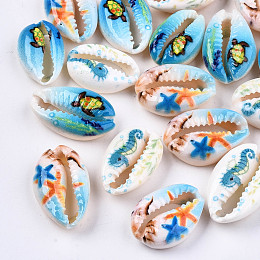Honeyhandy Printed Natural Cowrie Shell Beads, No Hole/Undrilled, with Marine Organism Pattern, Mixed Color, 18~22x13~14x6~8mm