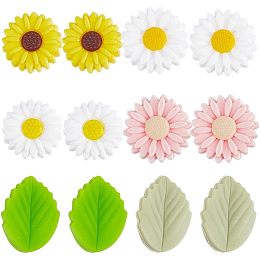 SUNNYCLUE 1 Box 12Pcs Flower Silicone Beads Bulk 20mm Silicone Focal Beads Pink Double Sided Daisy Flowers Green Leaf Beads Large Chunky Bead Rubber Beads for Pens Keychain Lanyard Making Supplies