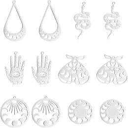 DICOSMETIC 12pcs 6 Styles 201 Stainless Steel Teardrop/Phase of The Moon/Palm with Eye/Snake/Beetle Charms Moon and Star Theme Charms Laser Cut Pendants for Jewelry Making