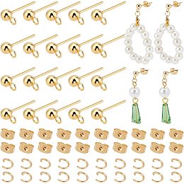 PandaHall Elite 100pcs 24K Gold Plated Earring Studs, Stainless Steel Ball Post Stud with Loop Butterfly Earring Back with 120pcs Open Jump Ring for Jewelry Dangle DIY Earring