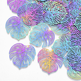 201 Stainless Steel Filigree Pendants, Etched Metal Embellishments, Monstera Leaf, Rainbow, Multi-color, 32x32x0.3mm, Hole: 1.2mm