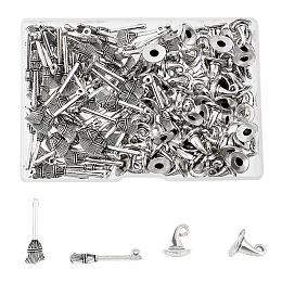 SUPERFINDINGS 140Pcs 2 Style Tibetan Style Alloy Charms, Tibetan Style Zinc Alloy Pendants, Lead Free & Cadmium Free, Witch Hat & Broom, Antique Silver, 11~27x8.7~10.5x3~10.5mm, Hole: 2mm, 70pcs/style