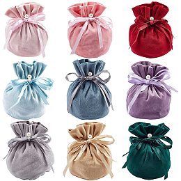 NBEADS 18 Pcs Velvet Jewelry Bags, 13.2x14cm Storage Pouches with Drawstring and Plastic Imitation Pearl