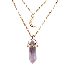 Natural Amethyst Cone Pendant Double Layer Necklace, with Moon Charms, 19.69 inch(50cm)