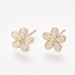 Honeyhandy Brass Earring Studs, with Cubic Zirconia, Flower, Real 18K Gold Plated, 9x9mm, Pin: 0.8mm