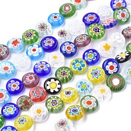 Honeyhandy Flat Round Handmade Millefiori Glass Beads, Mixed Color, 12x5mm, Hole: 1mm, about 32pcs/strand, 14.1 inch