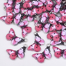 Honeyhandy Printed Alloy Pendants, with Enamel, Butterfly, Platinum, Deep Pink, 13.5x20x2mm, Hole: 1.6mm