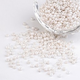 Honeyhandy DIY Craft Beads 8/0 Opaque Colors Lustered Round Glass Seed Beads, White, Size: about 3mm in diameter, hole:1mm, about 1101pcs/50g