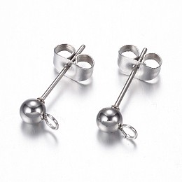 Non-Tarnish 304 Stainless Steel Stud Earring Findings, with Loop, Stainless Steel Color, 15x7x4mm, Hole: 1.8~2mm, Pin: 0.7mm