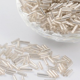 Honeyhandy Glass Bugle Beads, Silver Lined, Floral White, 6~8x1.8mm, Hole: 0.6mm, 1250pcs/50g