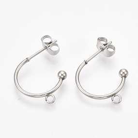 Honeyhandy 304 Stainless Steel Stud Earring Findings, Half Hoop Earrings, with Loop and Ear Nuts/Earring Backs, Stainless Steel Color, 18x19x3mm, Hole: 1.6mm, Pin: 0.8mm