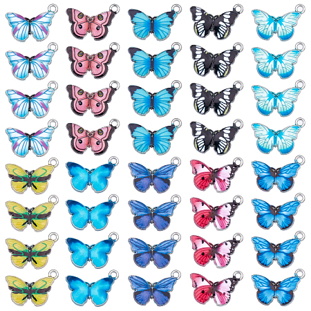 SUNNYCLUE Printed Alloy Enamel Pendants, Butterfly, Platinum, Mixed Color, 13.5x20x2mm, Hole: 1.6mm, 10color, 4pcs/color, 40pcs