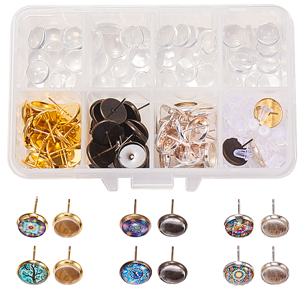 SUNNYCLUE DIY Earring Making, Brass Stud Earring Settings and Glass Cabochons, Plastic Ear Nuts, Mixed Color, 9.5~10x3.5mm
