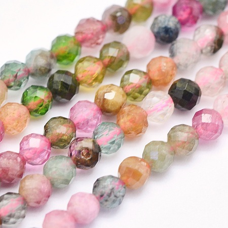 ARRICRAFT Natural Tourmaline Beads Strands, Round, Faceted, 3mm, Hole: 0.5mm, about 135pcs/strand, 15.3 inches(39cm)