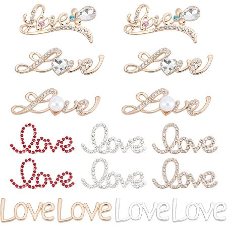 PandaHall Elite 16pcs 8 Styles Love Connector Charms 6 Styles Shiny Rhinestone Love Charms 2 Styles Alloy Cabochons Frames Cloth Clog Shoe Charms for Hair Accessory DIY Valentine's Day Jewelry, 1.1~1.8