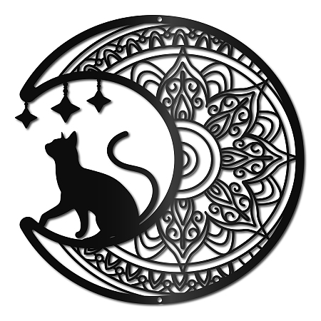 CREATCABIN Black Cat Moon Wall Art Mandala Metal Decor Wall Sculptures Gothic Decorative Hanging Pediments Ornament for Home Living Room Kitchen Bathroom Bedroom Housewarming Office 11.8 x 11.8 Inch