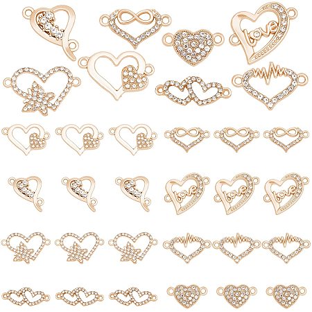 PandaHall Elite Heart Links, 32pcs 8 Styles Alloy Heart Shape Heart Charm Connector Beads with Rhinestone Heat Pendants for Earrings Bracelets Necklaces Jewelry DIY Craft Making, Light Gold