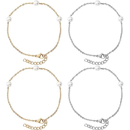 UNICRAFTALE 4Pcs 2 Colors Acrylic Pearl Beaded Bracelets Set 304 Stainless Steel Women Simple Chain Bracelet with Pearl Beads 180mm Long Acrylic Pearl Beaded Women Hand Chain for Jewlry Making