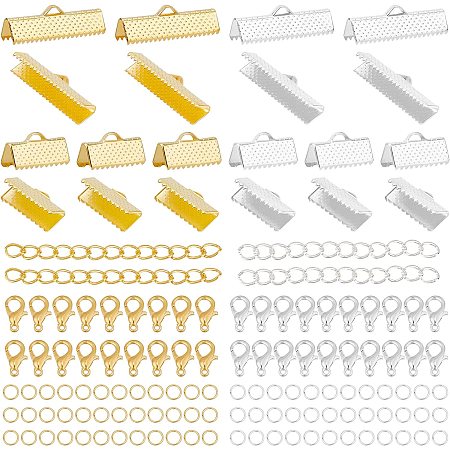 CHGCRAFT 760Pcs Jewelry Making Accessories Set Including 160Pcs Ribbon Crimp Ends 120Pcs Lobster Clasps with 80Pcs Chain Extenders and 400Pcs Jump Rings Crimp Jewelry Findings, Silver Gold