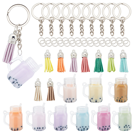 OLYCRAFT 57pcs Mini Milk Cup Keychain Kit Bubble Tea Keychain Accessories Set Bubble Tea Keychain Kit Mini Cup Pendant Charms with Keychain Rings Tassel Pendant for Key Chain DIY Earring Making