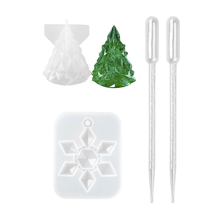 Arricraft Christmas DIY Silicone Molds, Resin Casting Molds, with Plastic Pipettes, For UV Resin, Epoxy Resin Jewelry Making, Christmas Tree & Snowflake, White, 4x6mm