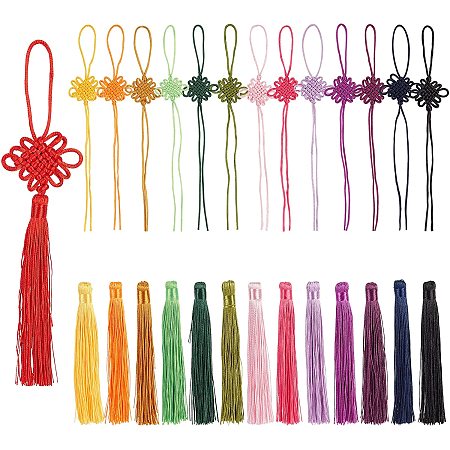 Pandahall Elite 14 Color Chinese Knot Tassel Hanging Decorations 28pcs Handmade Pendant, Chinese Knotting Cord for Jewelry Decoration Chinese New Year