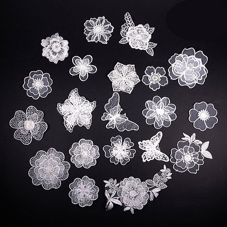 NBEADS 20 Pcs White Organza Embroidery Lace Flower Iron On Patches Appliques DIY Craft Lace for Decoration, Sew On Patches for Repairing and Decorating Clothing, Bags