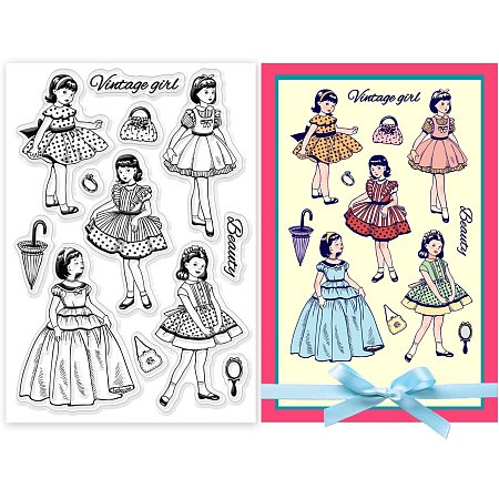 BENECREAT Vintage Girl Clear Stamps Beautiful Girl in Full Dress PVC Silicone Stamps for for DIY Scrapbooking, Photo Album Decorative, Cards Making, 6.3x4.3 inch