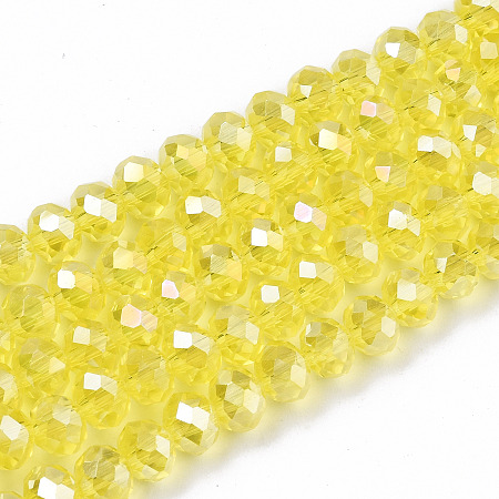 Honeyhandy Electroplate Glass Beads Strands, AB Color Plated, Faceted, Rondelle, Champagne Yellow, 6x5mm, Hole: 1mm, about 85~88pcs/strand, 16.1~16.5 inch(41~42cm)