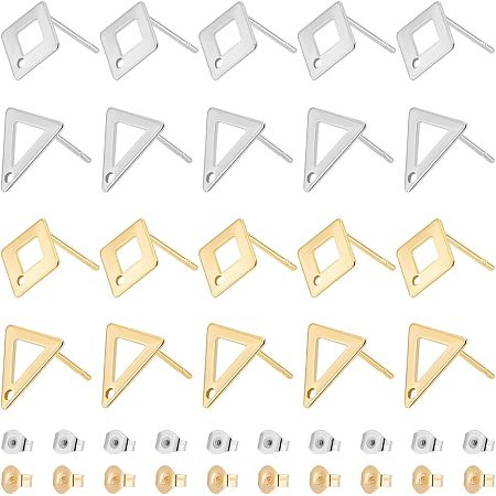 DICOSMETIC 40Pcs 4 Style Hollow Rhombus Stud Earring Triangle Shape Earring Blank Studs Posts with Hole Stainless Steel Ear Stud Components with Ear Nuts for Earring Making, Hole: 1mm, Pin: 0.8mm