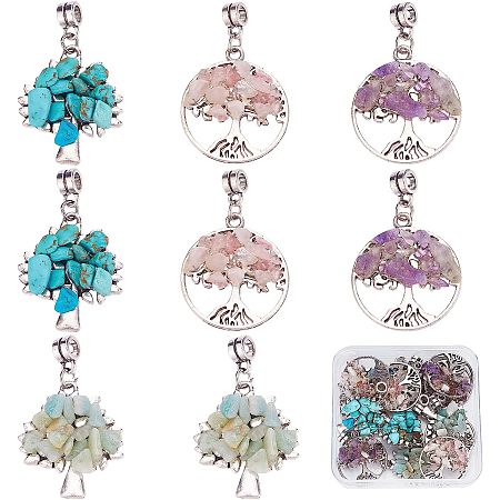 SUNNYCLUE 1 Box 16Pcs 4 Styles Tree of Life Crystal Charm Silver Flat Round Plant Tree Charms Bulk Amazonite Amethyst Rose Quartz Turquoise Chips Natural Gemstones for Jewelry Making Charms DIY Crafts