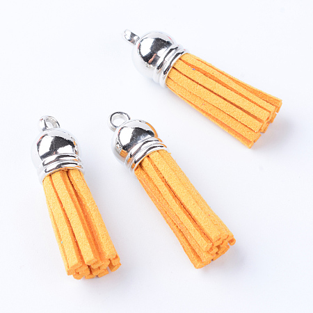 Honeyhandy Faux Suede Tassel Pendant Decorations, with CCB Plastic Cord Ends, Platinum, Gold, 35~37x10mm, Hole: 1.8mm