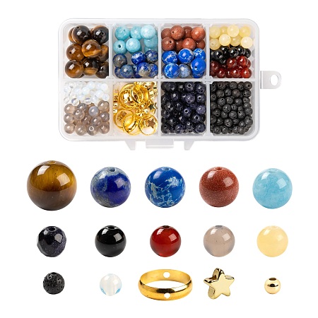 Honeyhandy DIY Solar System Theme Planet Jewelry Kits, 360Pcs Natural & Synthetic Gemstone Round Beads, 94Pcs Geometry & Star Brass Beads, Mixed Color, Gemstone Beads: 360pcs/box