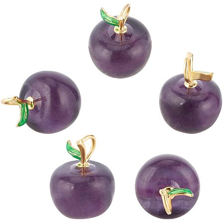 NBEADS 5 Pcs Natural Fluorite Crystal Stone Pendants, Fruit Shape Stone Charms Gemstone Pendants with Matte Gold Color Findings and Enamel for Necklace Bracelet Jewelry Making