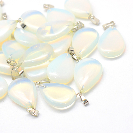Honeyhandy Teardrop Opalite Pendants, with Platinum Tone Brass Findings, 25~29x16~17x5~6mm, Hole: 2x7mm