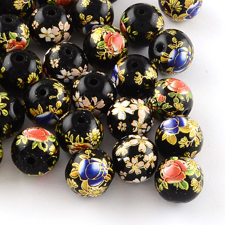 Arricraft Mixed Flower Picture Printed Glass Round Beads, Black, 12mm, Hole: 1.5mm