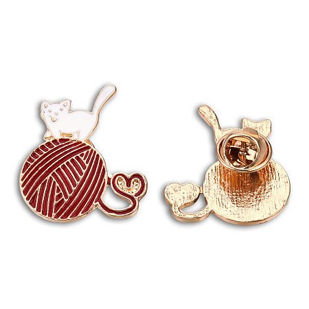 Honeyhandy Cat with Yarn Ball Enamel Pin, Light Gold Plated Alloy Cartoon Badge for Backpack Clothes, Nickel Free & Lead Free, Dark Red, 29x25.5mm
