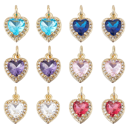 SUPERFINDINGS 12Pcs 6 Colors Brass Cubic Zirconia Charms Heart Micro Pave Cubic Zirconia Charms Heart Charms with Rhinestone for DIY Jewelry Making Bracelet Necklace Earring Accessories