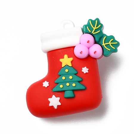 Honeyhandy PVC Plastic Pendants, Christmas Sock with Holly Leaves & Tree, Red, 40x40x18.5mm, Hole: 3mm