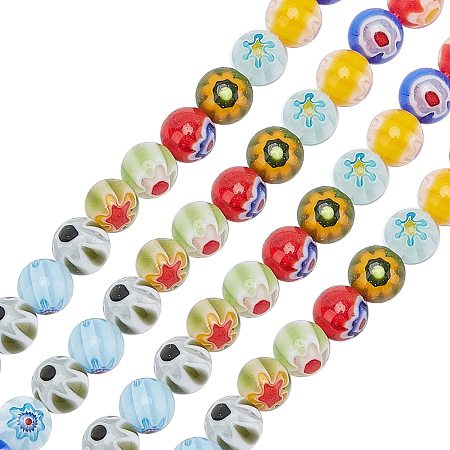 Pandahall Elite 10 Strands 6mm Millefiori Lampwork Glass Beads Round Flower Spacer Bead for Jewelry Making 14.7