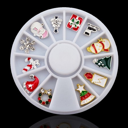 Arricraft Christmas Theme Alloy Enamel Cabochons, Nail Art Decoration Accessories, with Rhinestone, Mixed Color, 6cm; about 15g/box