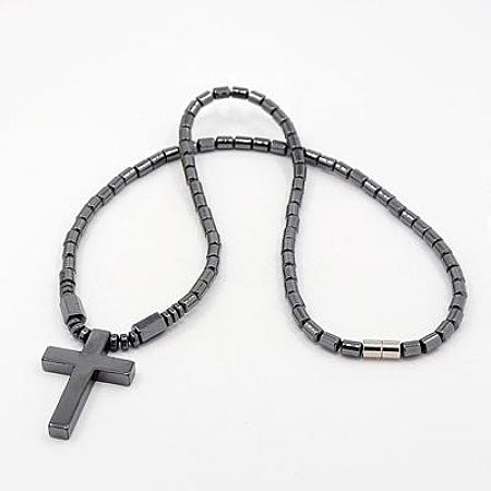 Honeyhandy Fashionable Magnetic Synthetic Hematite Necklaces, with Brass Magnetic Clasps, Cross, Black, 17.7 inch