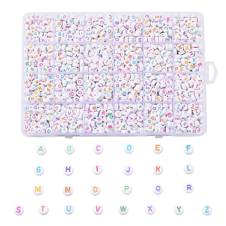 Arricraft Alphabet Acrylic Beads, Flat Round, Mixed Color, Letter A~Z, 7x3.5~4mm, Hole: 1.2mm, about 1776pcs/box