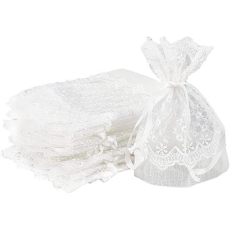 Pandahall Elite 10pcs Organza Gift Bags with Flower Pattern Printed, Drawstring Organza Bags Lace Mesh Bags for Christmas Candy, Gift Wrapping Wedding Giveaways Jewelry Beads Packaging, About 5.5X4 Inch